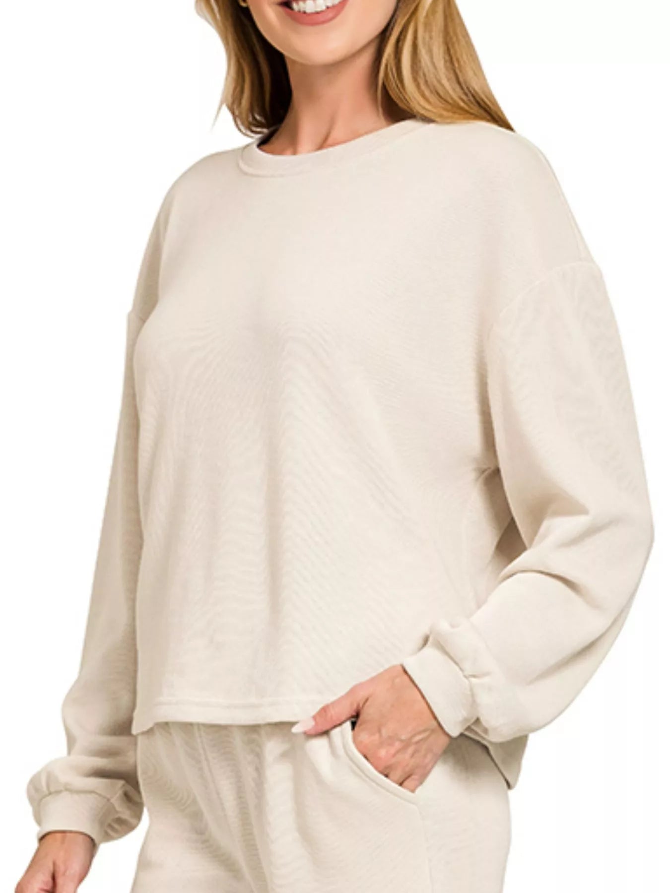 Zenana Sand Beige French Rib Pullover and Pants Set