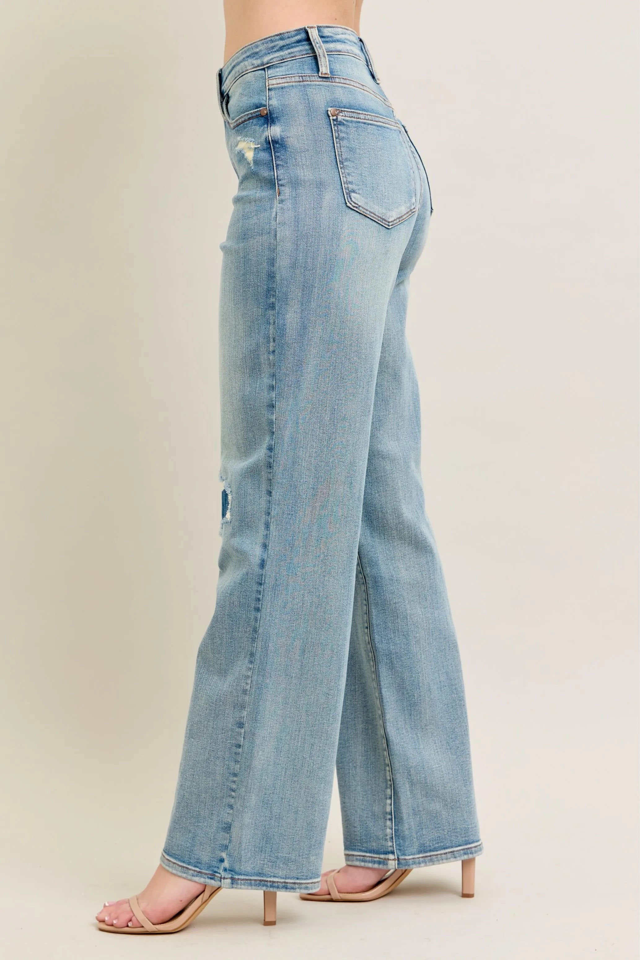 Judy Blue Waisted Distressed & Knee Patch Straight Jeans
