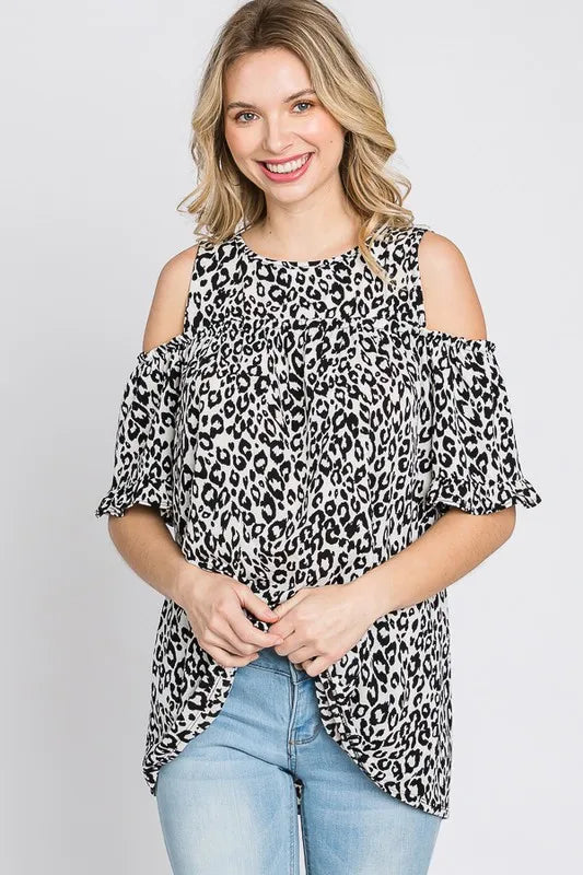 Heimish Ivory and Black Leopard Round Neck Cold Shoulder Top