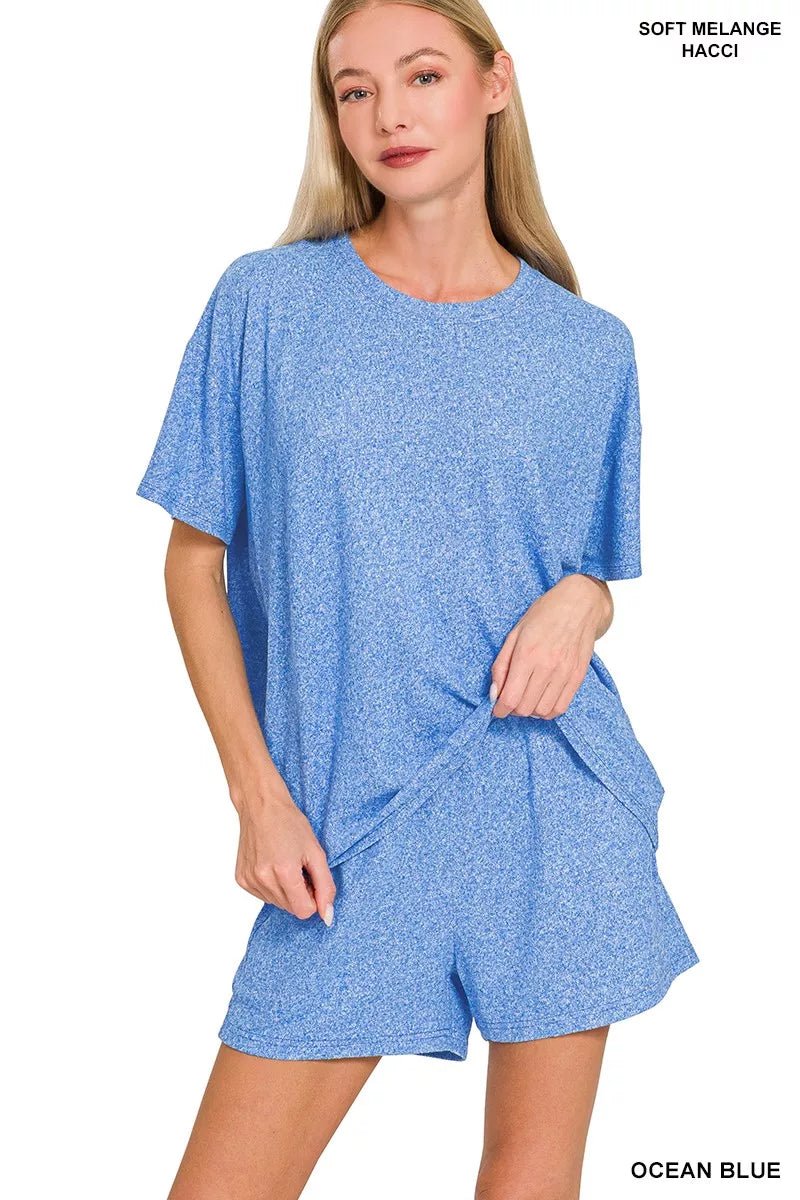 Zenana Ocean Blue Soft Melange Short Sleeve Tee and Shorts Set OCEAN BLUE