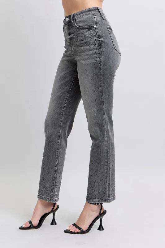 Judy Blue Gray High Waist Rhinestone Straight Jeans
