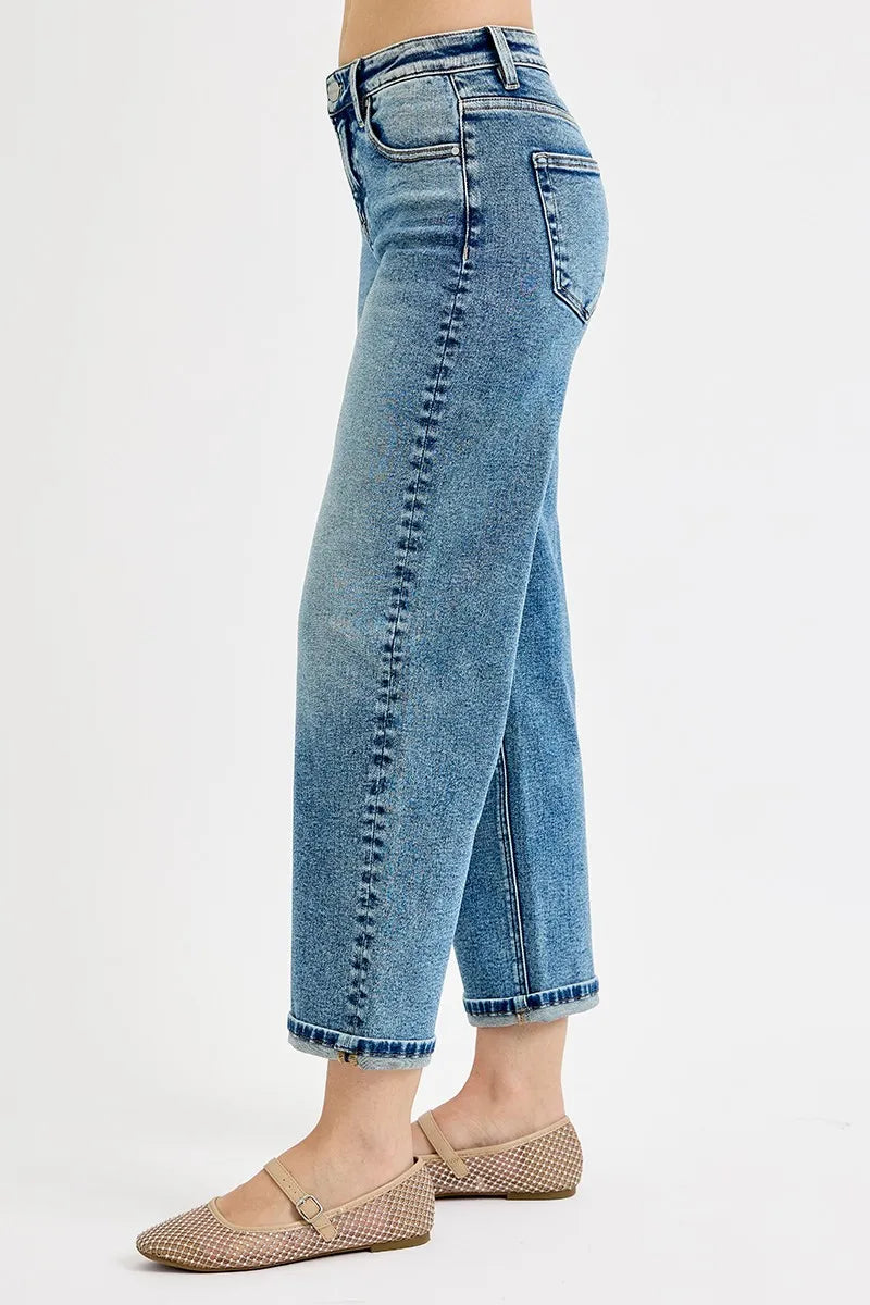 RISEN Medium Washed High Rise Crop Boyfriend Jeans