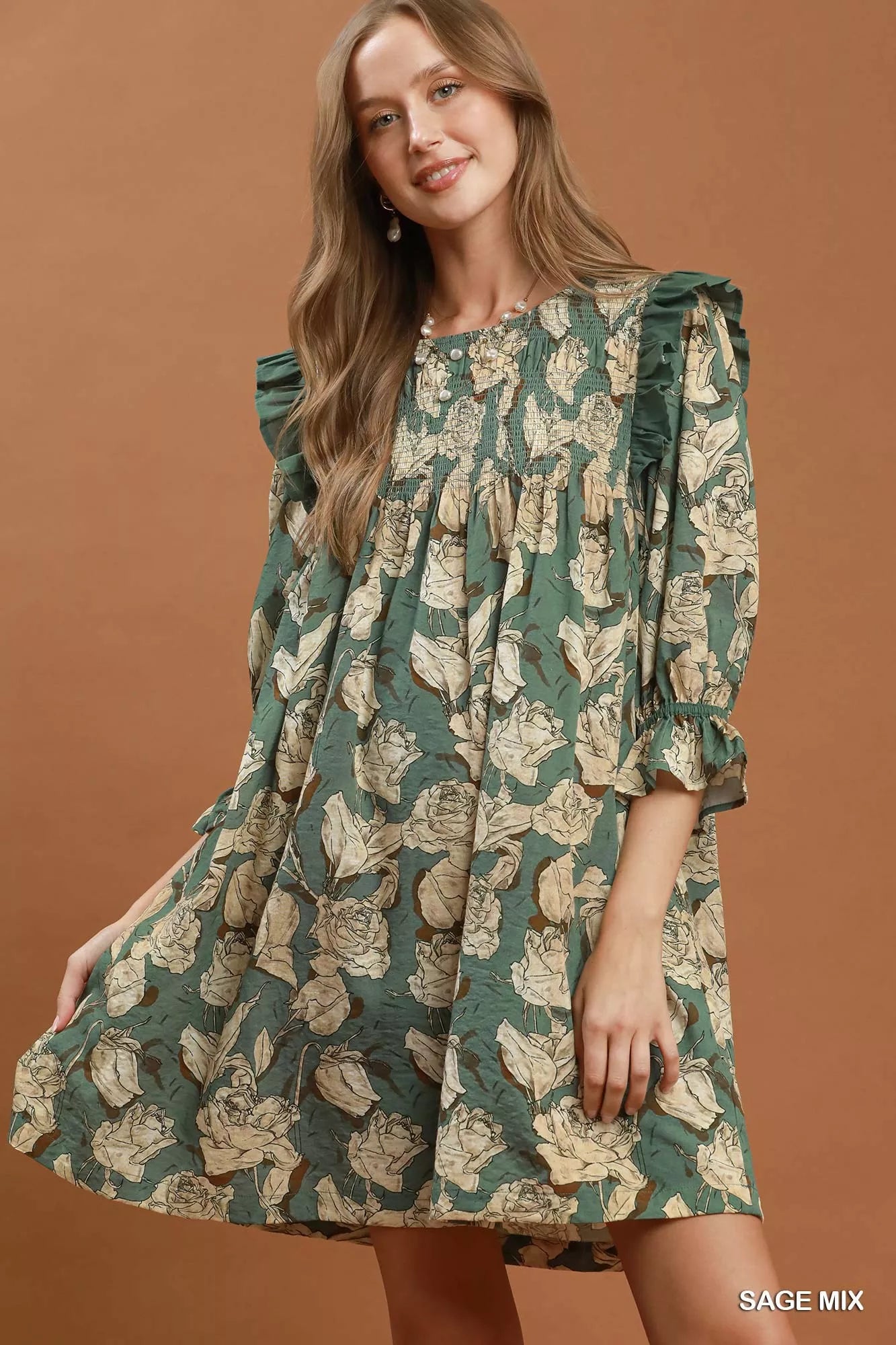 Umgee Sage Mix Floral Print Smocked Ruffle Detail Flowy Dress SAGE MIX