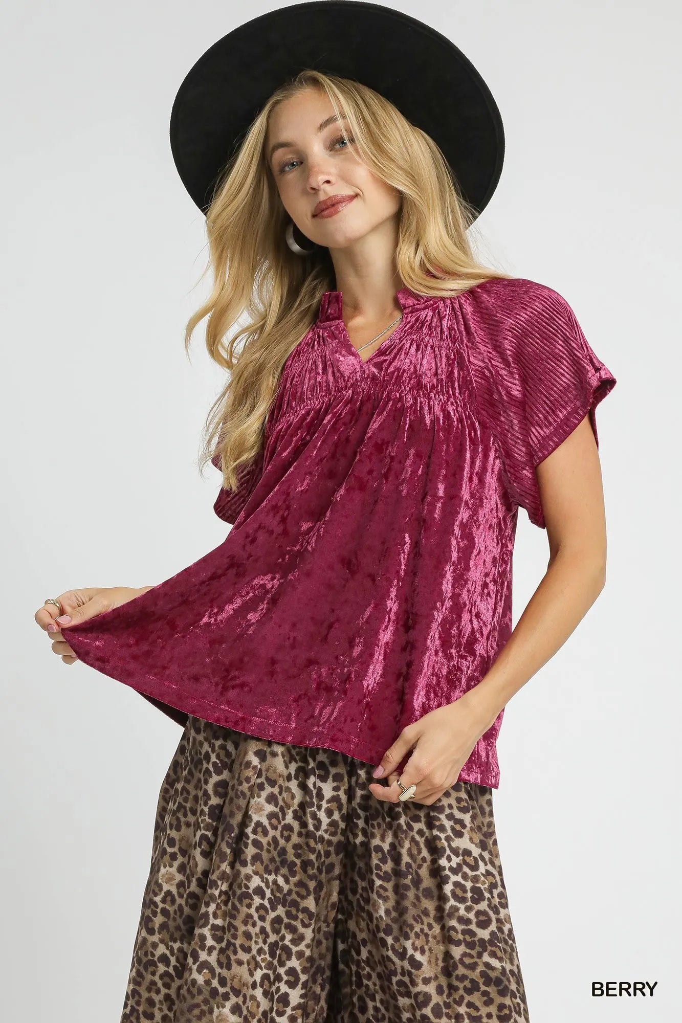 Umgee Berry Crushed Velvet Pleated Blouse BERRY