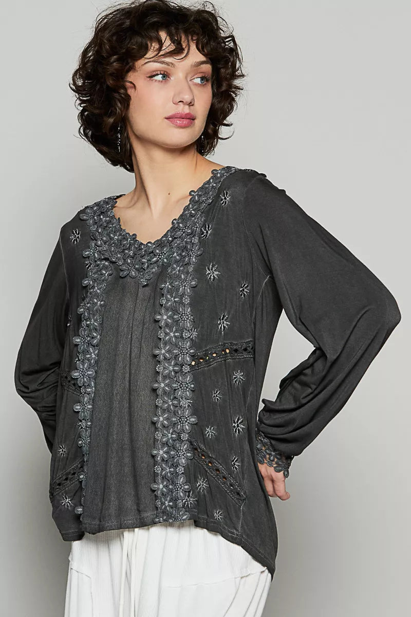 POL Floral Embroidery Woven Top with Lace Trim