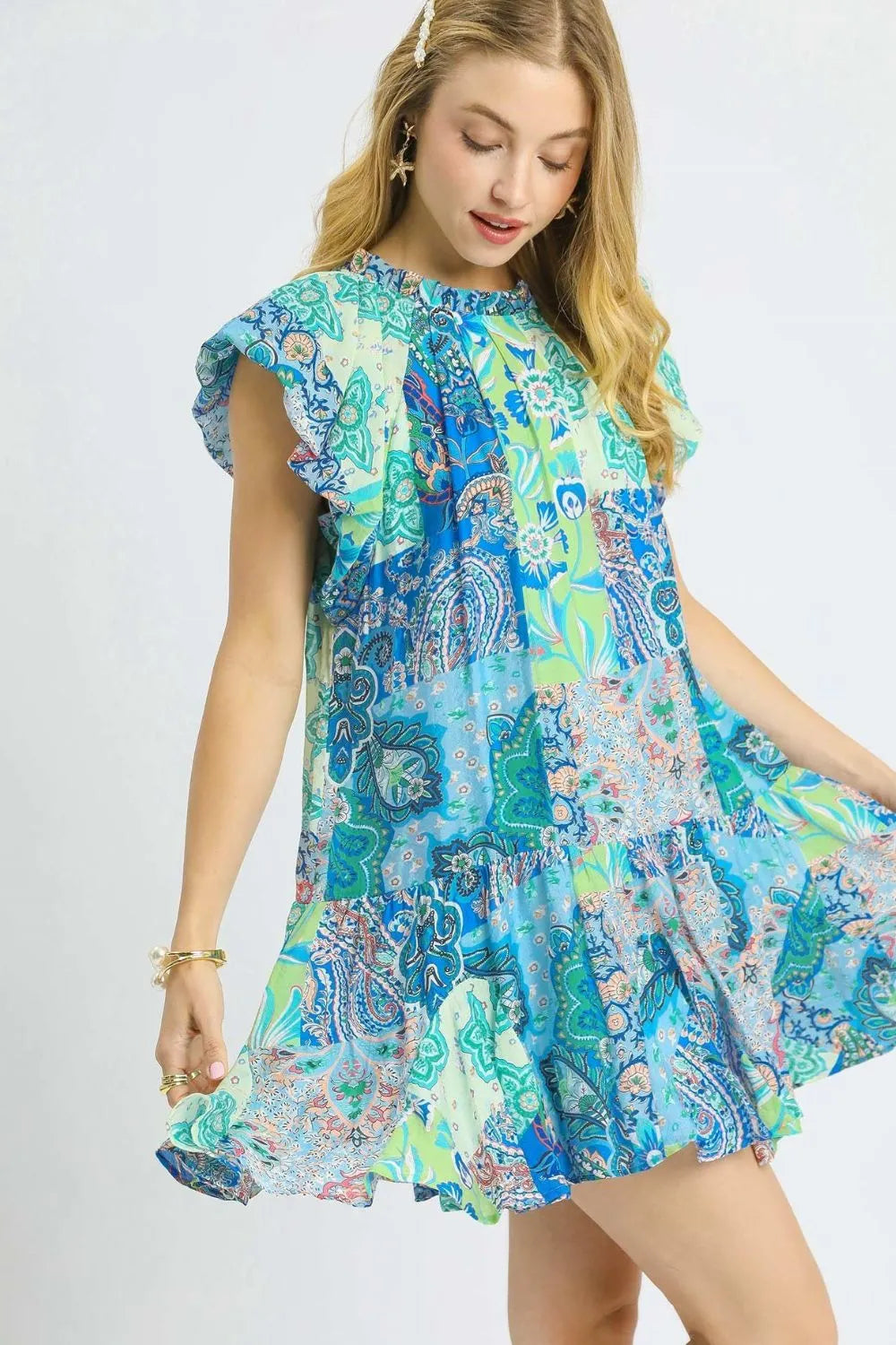 Umgee Blue Mix Patchwork Paisley Printed Ruffle Sleeve Mini Dress Neon Green