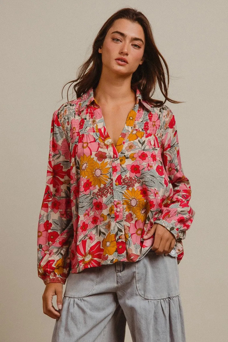 BiBi Woven Floral Printed Long Sleeve Blouse