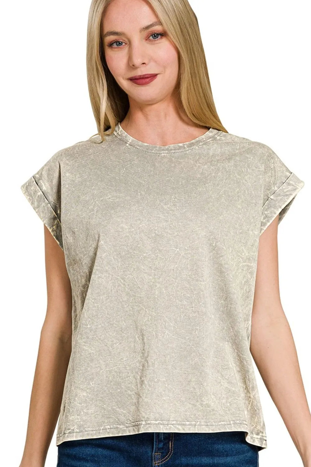 Zenana Sleet Crinkle Washed Round Neck Folded Short Sleeve Tee SLEET