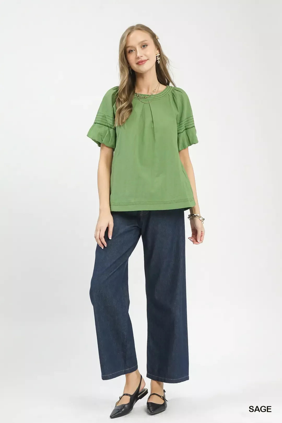 Umgee Sage Round Neck Puff Sleeve Top with Contrast Stitch Detail