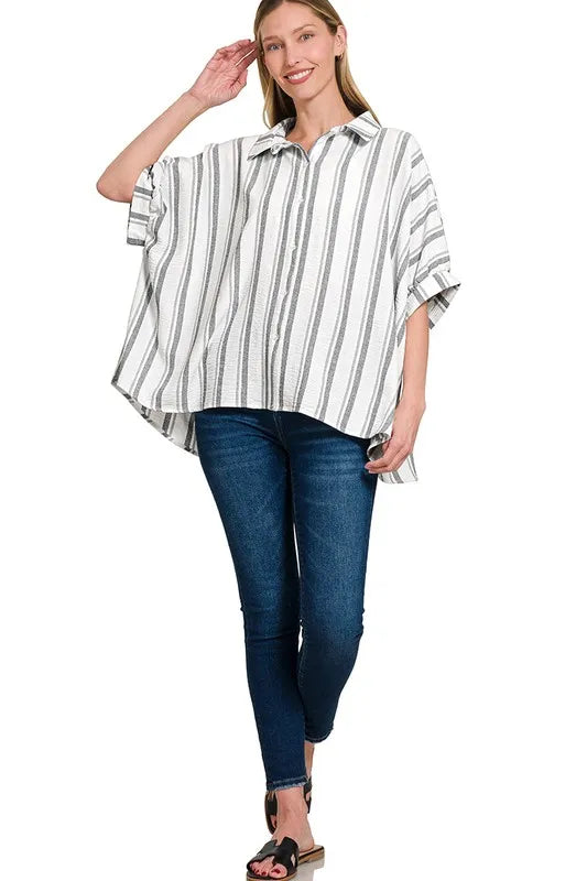 Zenana White/Black Woven Yarn-Dye Stripe Oversized Button Down Shirt