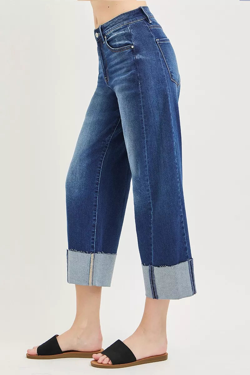 RISEN Dark Washed Slouchy Crop Barrel Cuffed Jeans