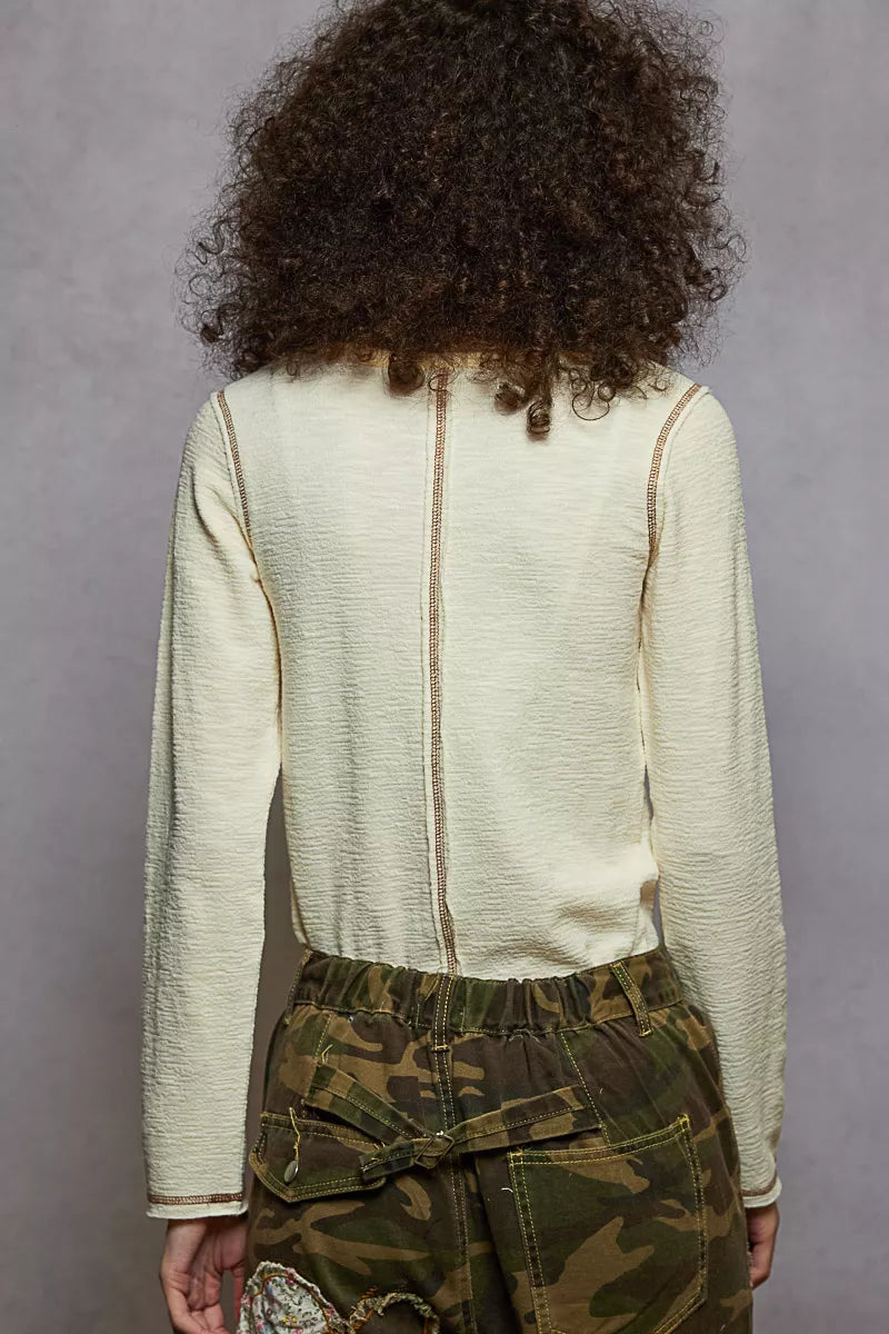 POL Cream Round Neck Long Sleeve Contrast Stitching T-Shirt with Stud Detail