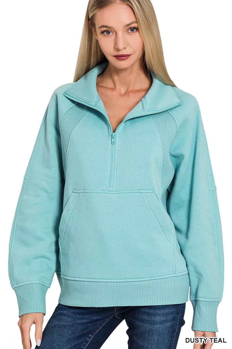 Zenana Dusty Teal Half Zip Fleece Sweatshirt with kangaroo Pocket