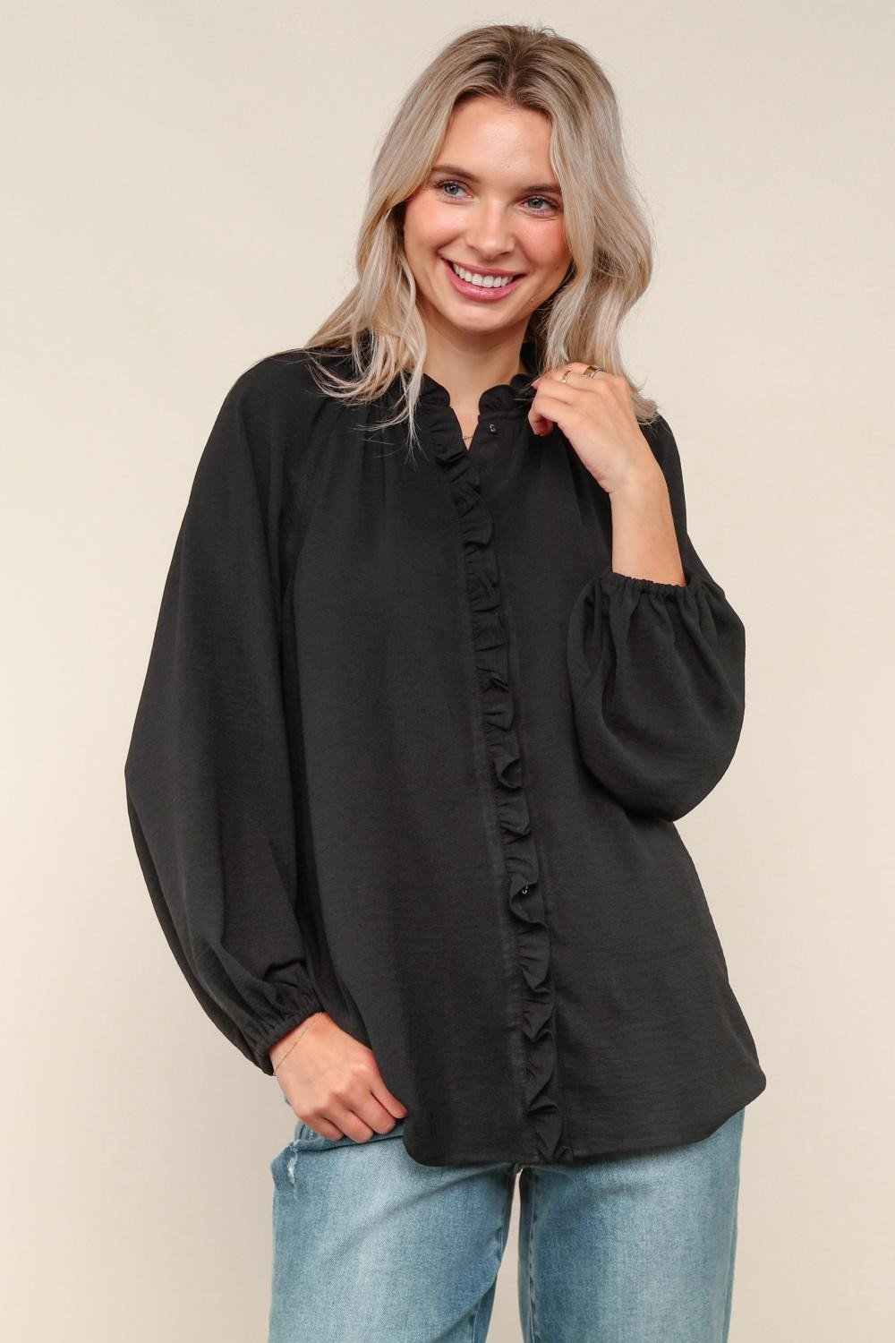 Haptics Black Frilled Placket Button Down Long Sleeve Blouse