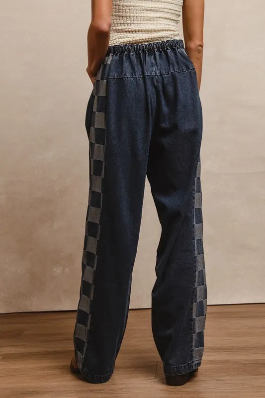 BiBi Washed Denim Mix And Match Checkered Denim Pants