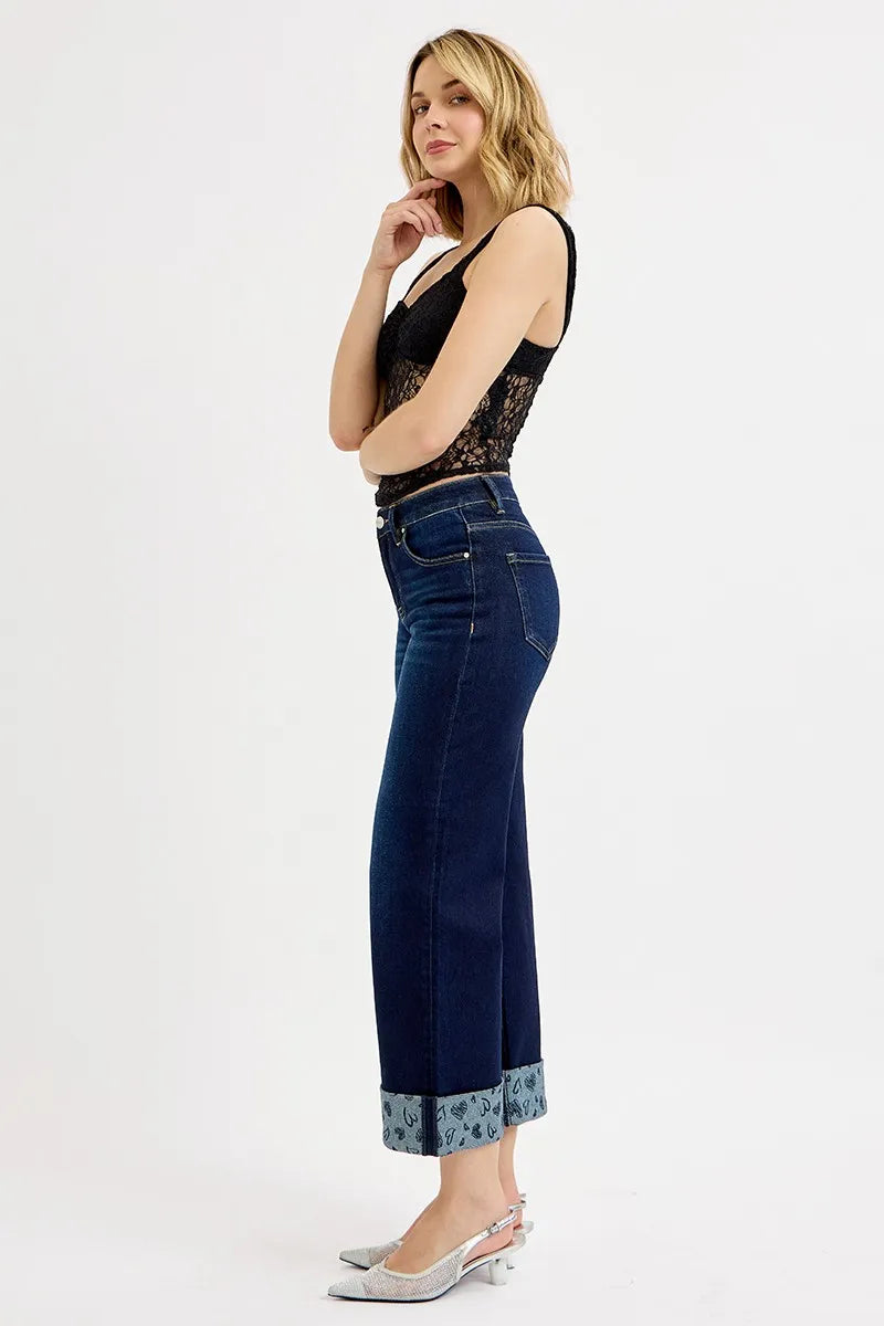 RISEN Mid Rise Fit Crop Wide With Heart Printed Cuff Jeans