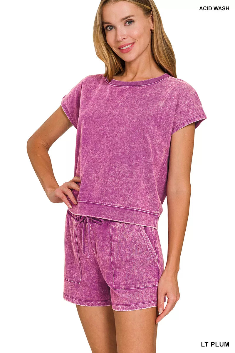 Zenana Light Plum Premium Cotton Washed Sleeveless Top & Shorts Set