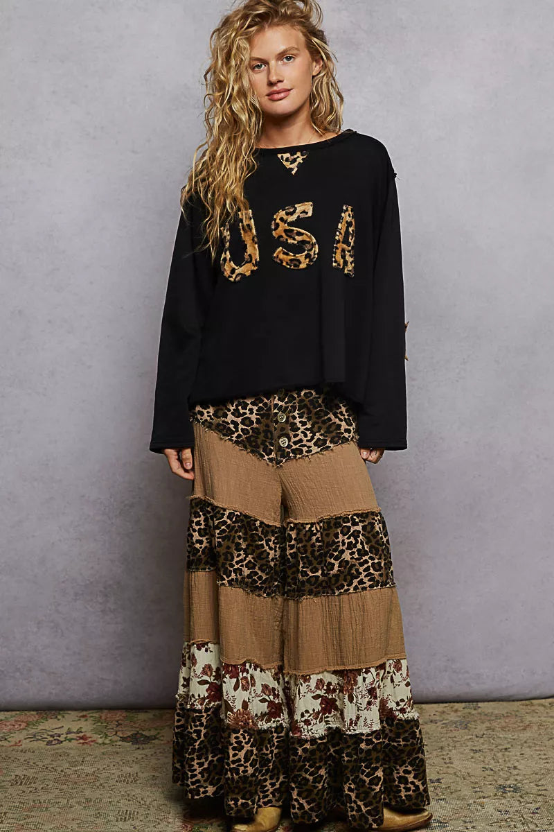 POL Black Round Neck Long Sleeve French Terry Sweatshirt with USA Letter Animal Patch