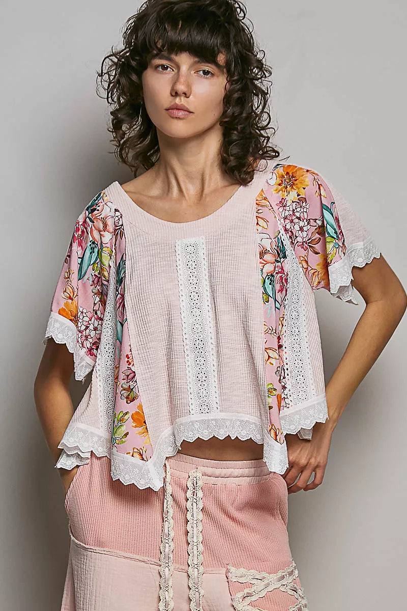 POL Round Neck Ribbed Cropped Top with Lace Detail PALE PINK