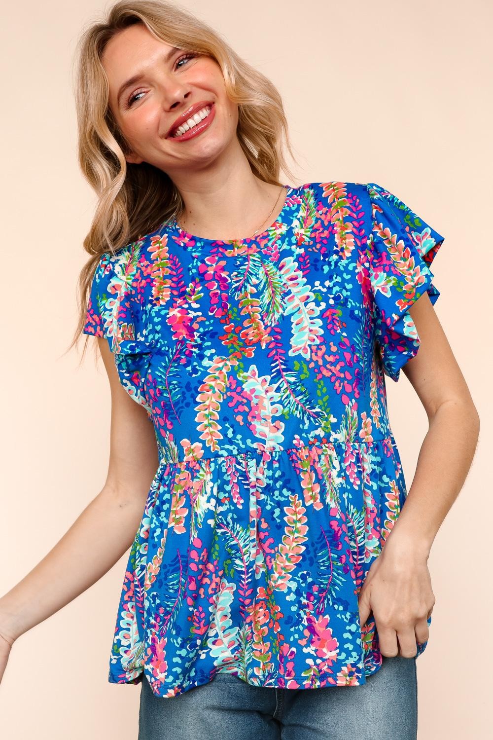Haptics Blue Floral Babydoll Butter Smooth Knit Top