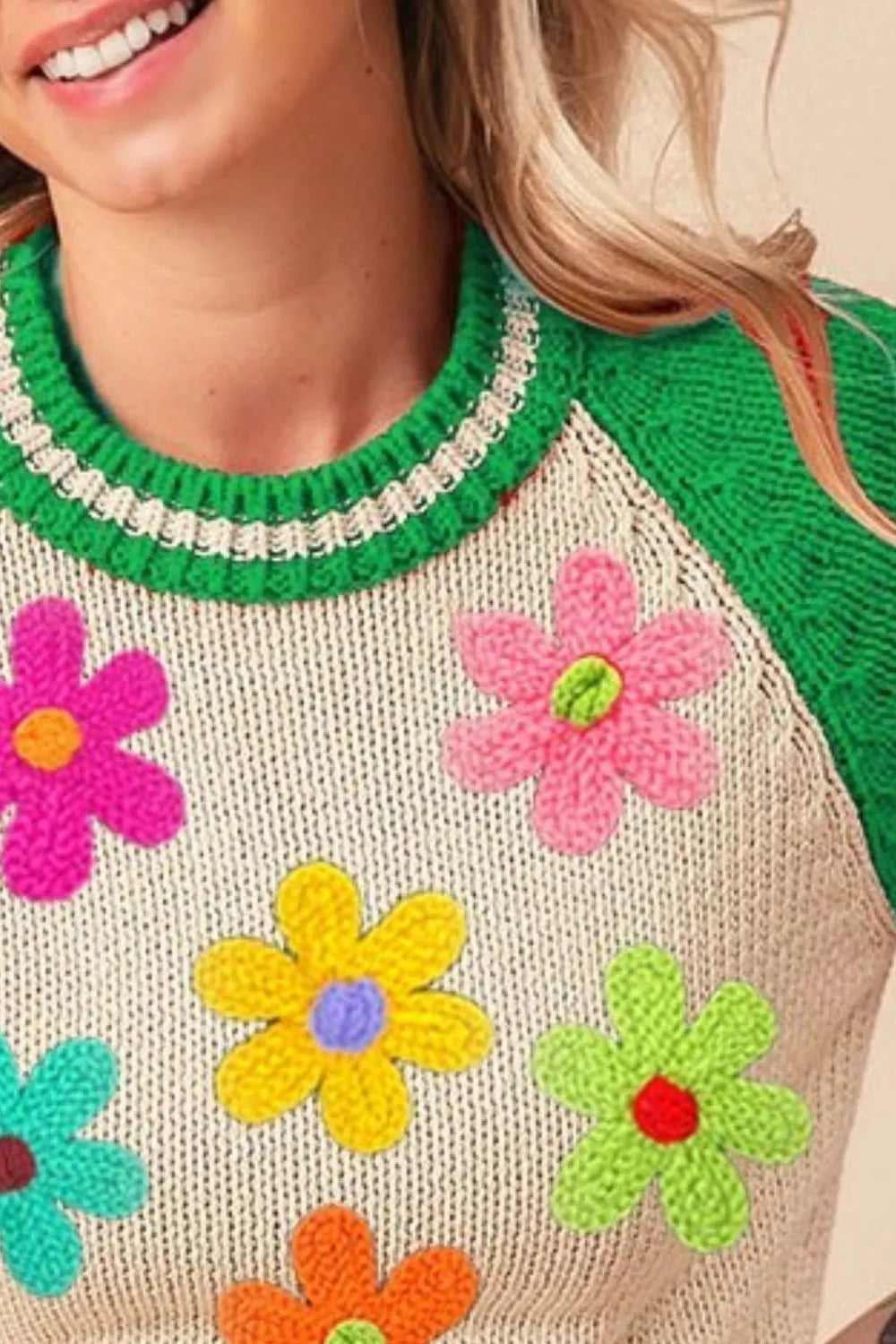 BiBi Jade Crochet Flower Patches Striped Rib Band Sweater