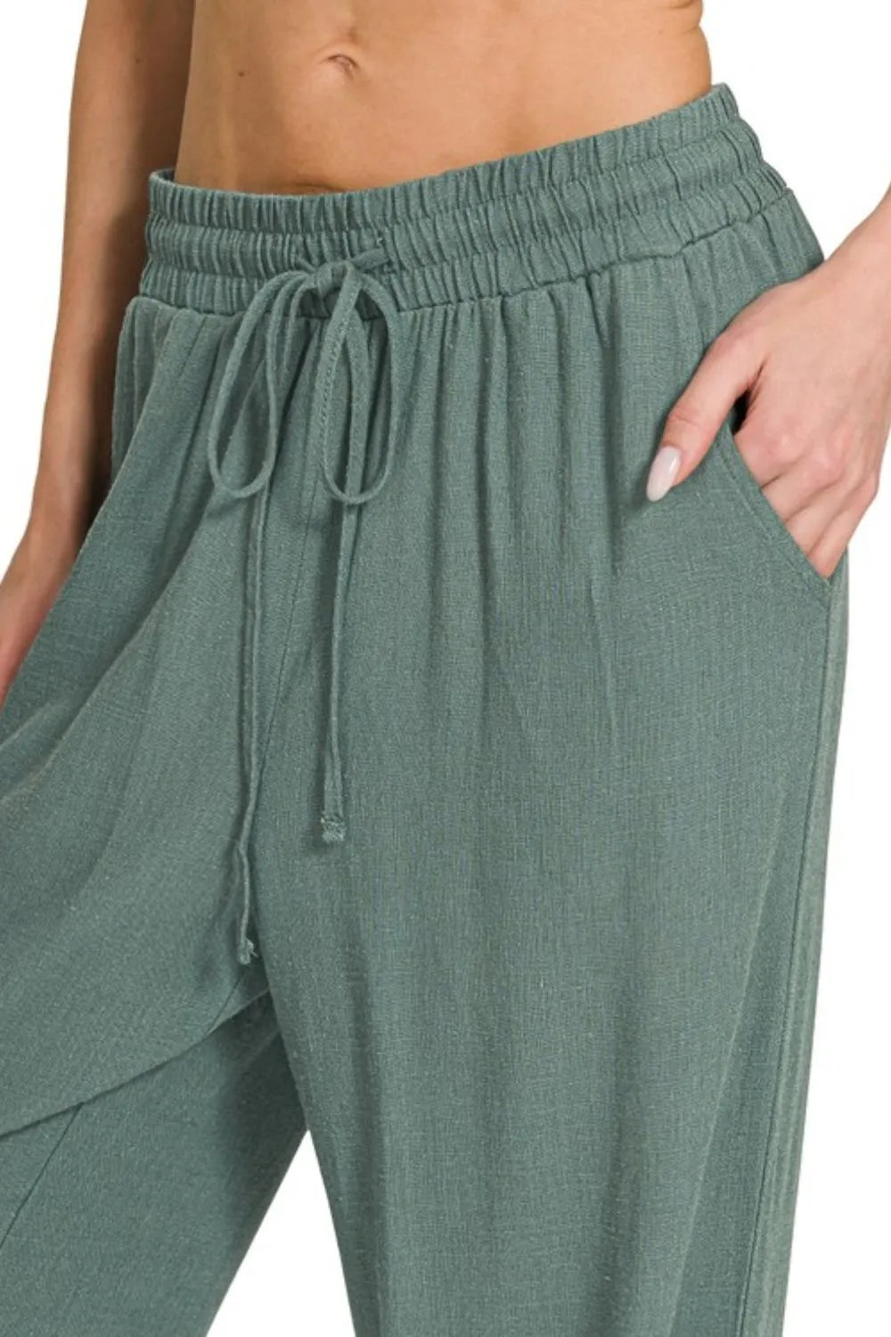 Zenana Ash Jade Linen Drawstring Pants