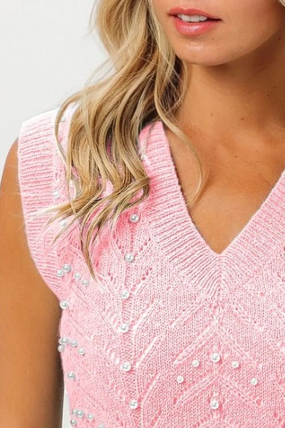 BiBi Blush Chevron Pointelle Pearl Knit Top