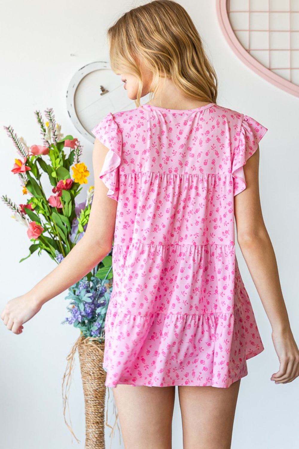 Heimish Pink Floral Ruffled Tiered Top