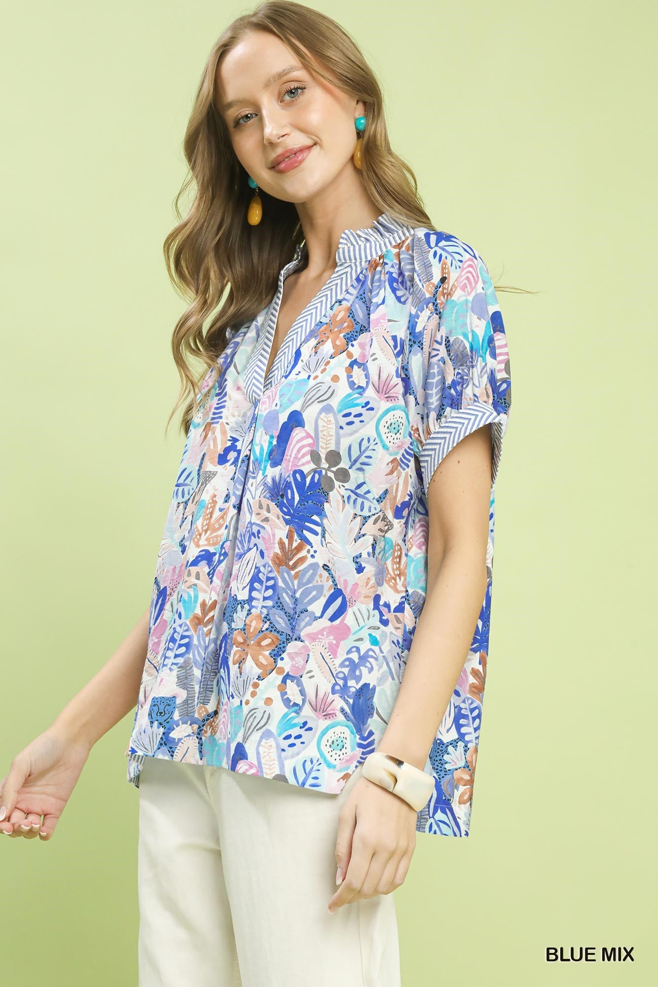 Umgee Blue Mix Boho Printed V-Neck Blouse