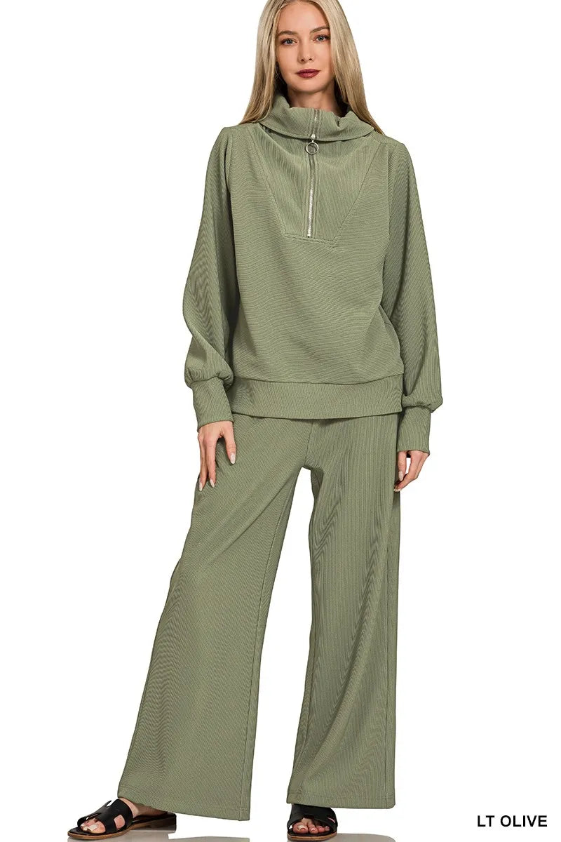 Zenana Brown Ribbed High Neck Half Zip Pullover & Pants Set