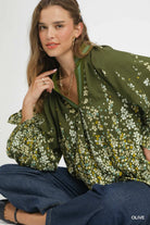 Umgee Olive Floral Vine Print Blouse with Balloon Sleeves