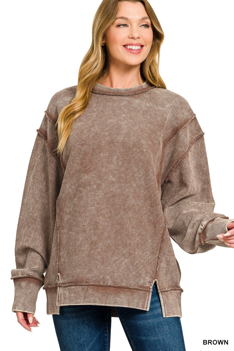 Zenana Acid Washed Double Ribbed Exposed-Seam Sweatshirt BROWN