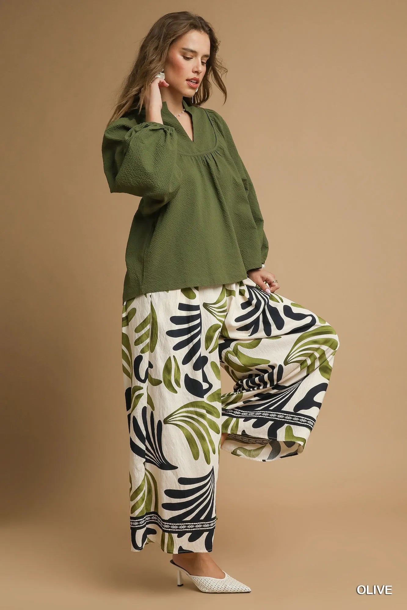 Umgee Olive Textured Notched Blouse with Balloon Sleeves
