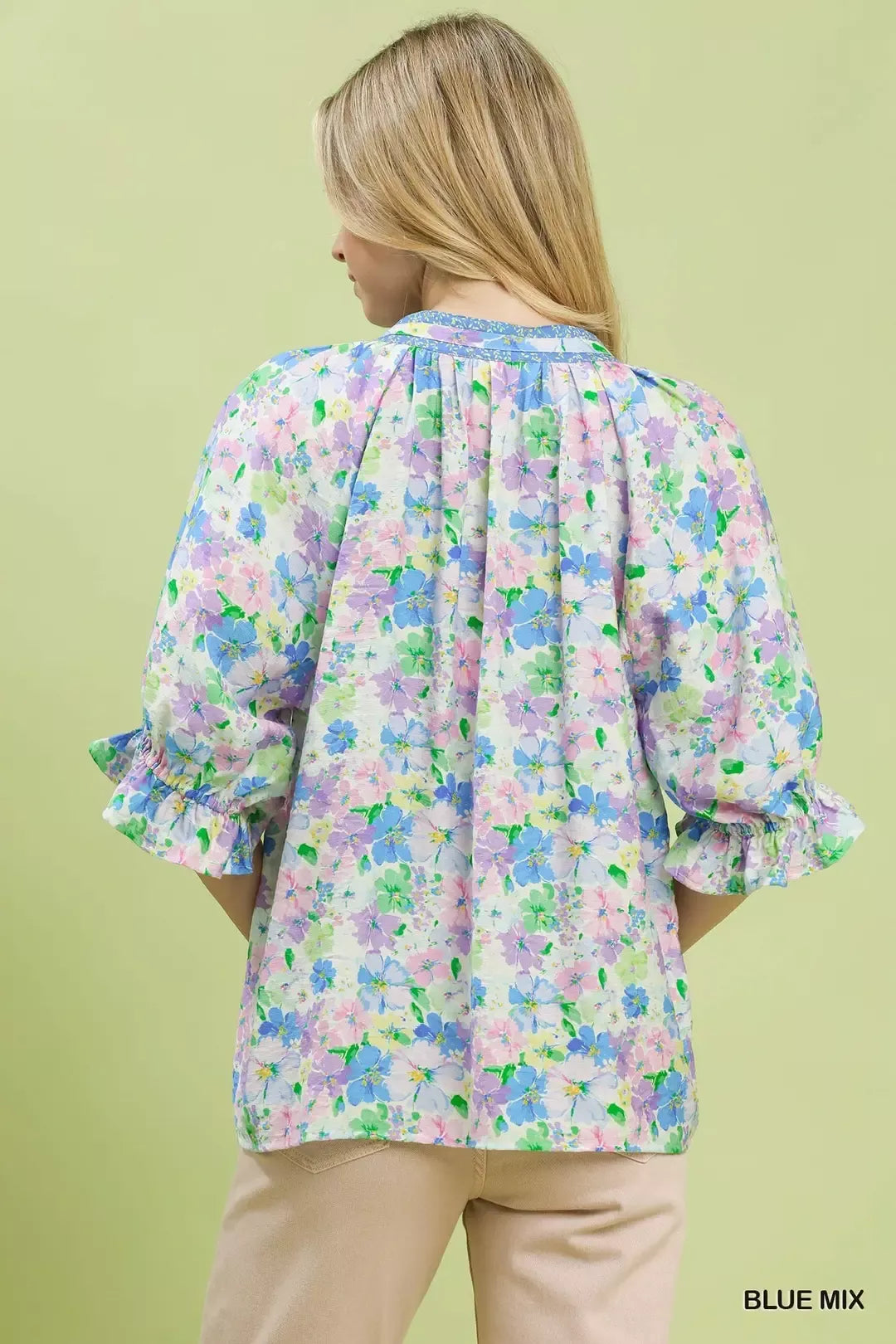Umgee Blue Mix Floral Print Ruffle Top