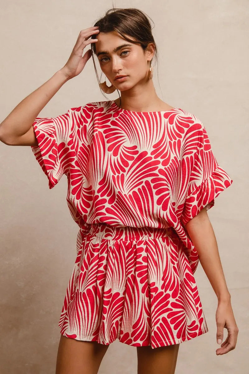 BiBi Print Woven Ruffled Sleeves Blouse