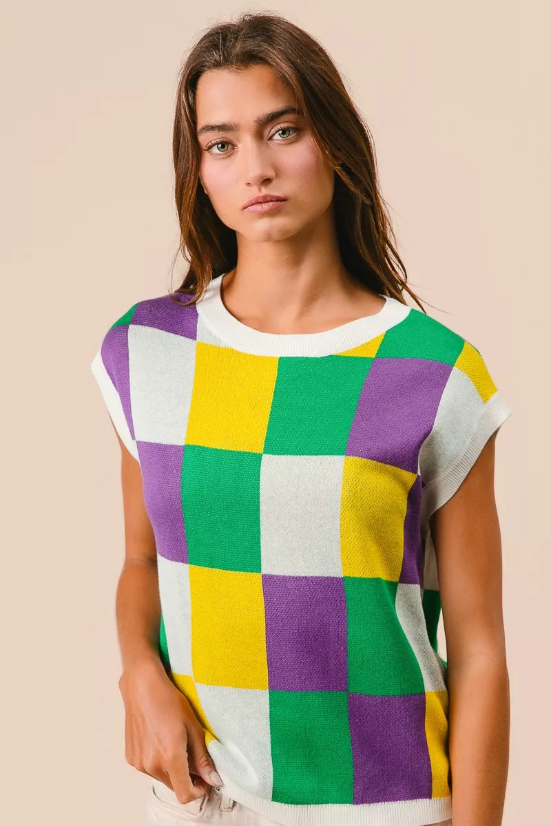 BiBi Mardi Gras Checker Pattern Sleeveless Sweater Top