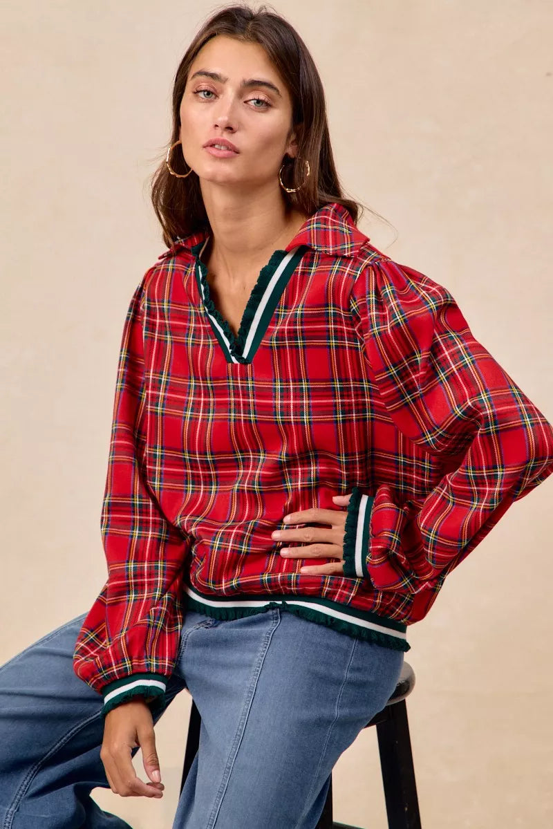 BiBi Christmas Red Plaid Collared Top with Ruffled Detail