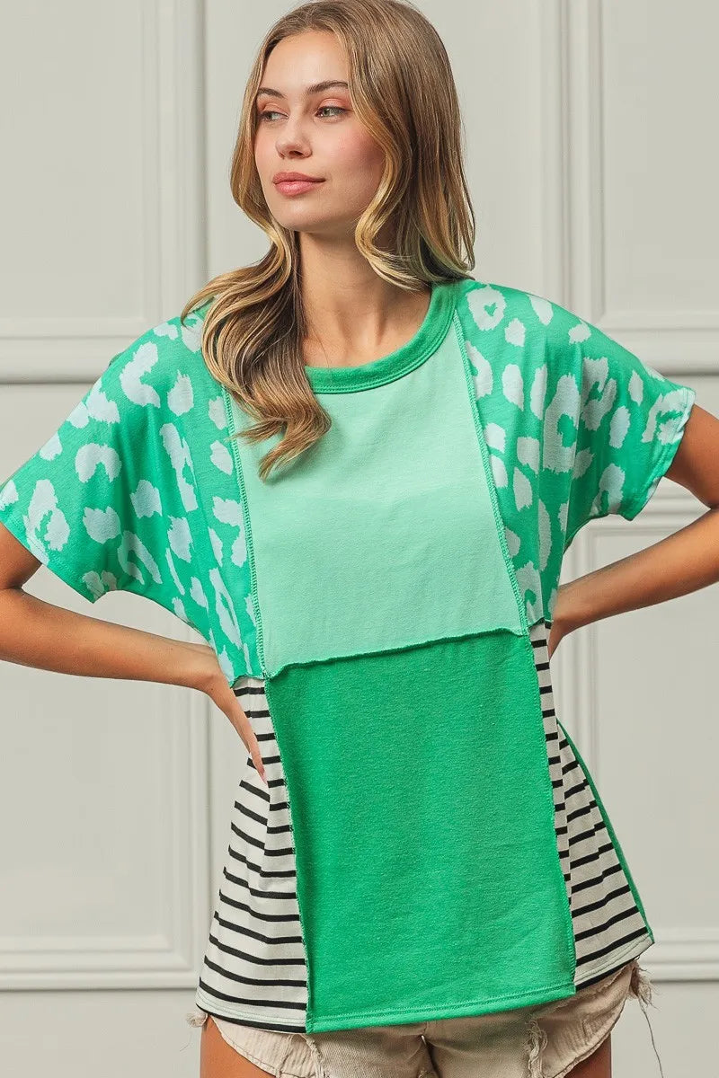 BiBi Mint Combo Leopard and Stripe Color Block Top With Exposed Seam