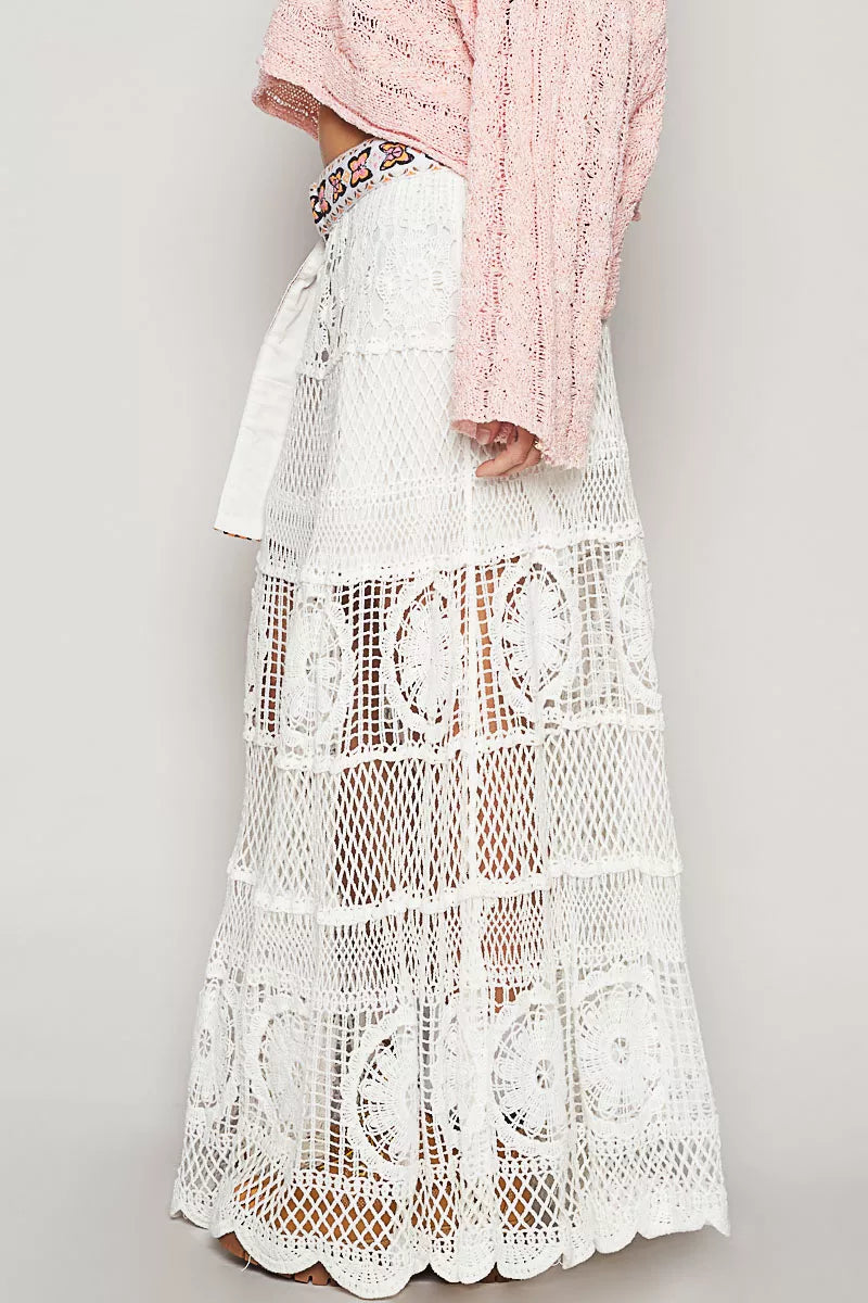 POL Crochet Floral Flared Skirt with Elastic Waist Band