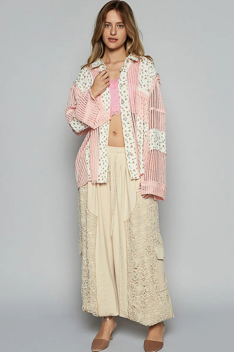 POL Floral Crochet Patchwork Long Sleeve Shirt