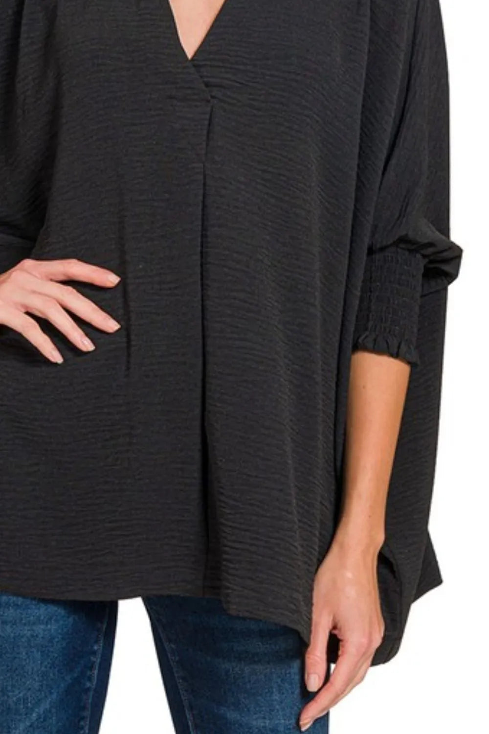 Zenana Black Airflow Collar Tee with Smocked Sleeve Band Top