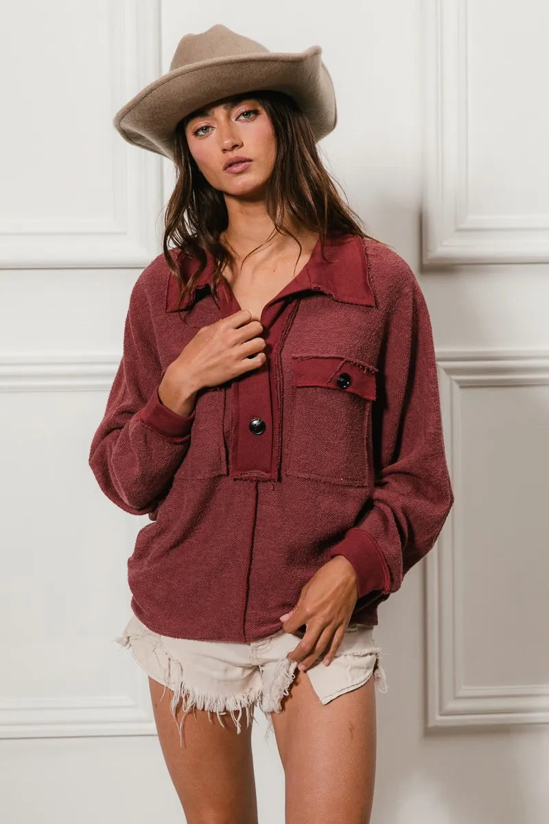 BiBi Marsala French Terry Cut Edge Detail Collared Long Sleeve Top