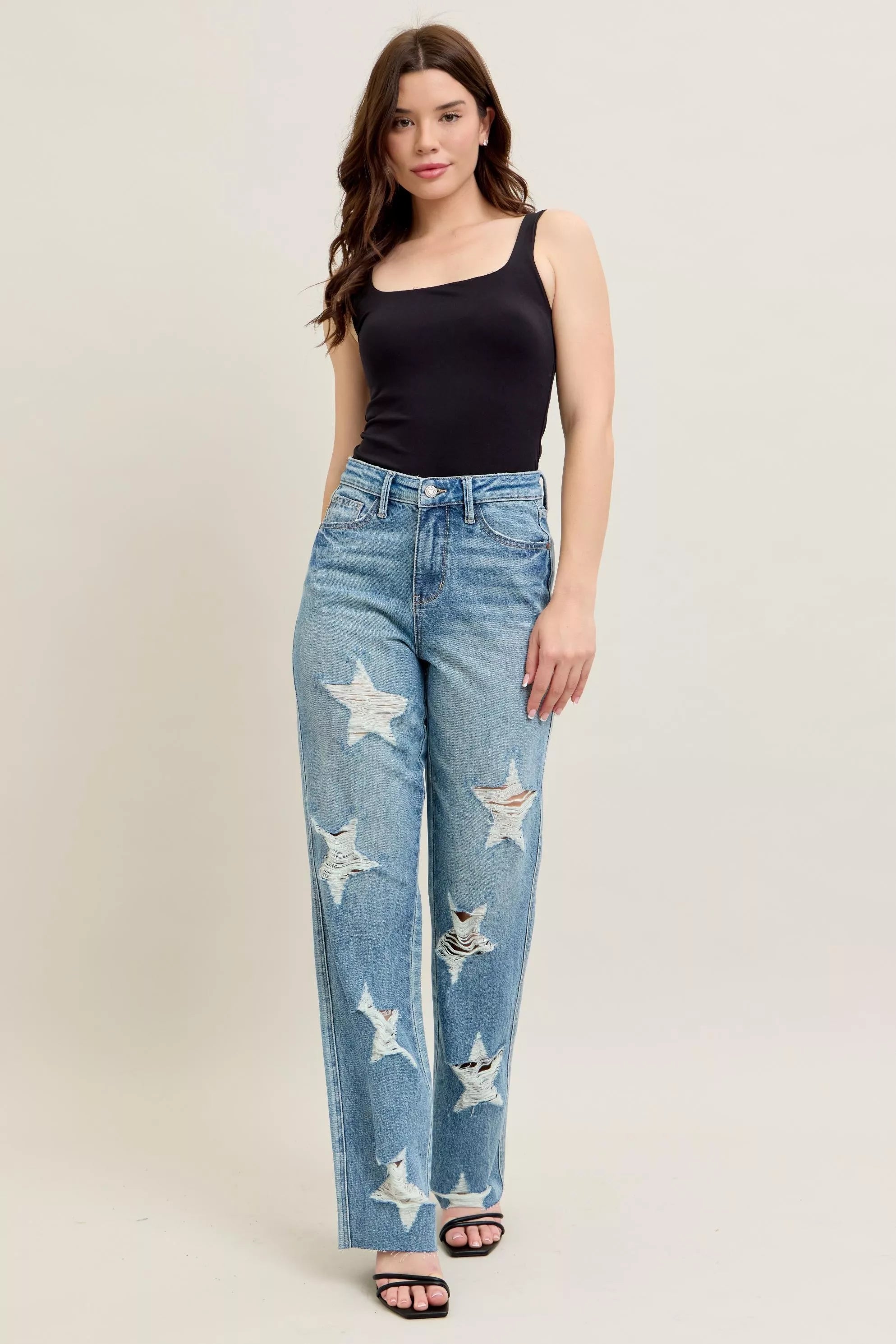Judy Blue High Waist Rigid Magic Star Shaped Destroyed 90's Straight Jeans