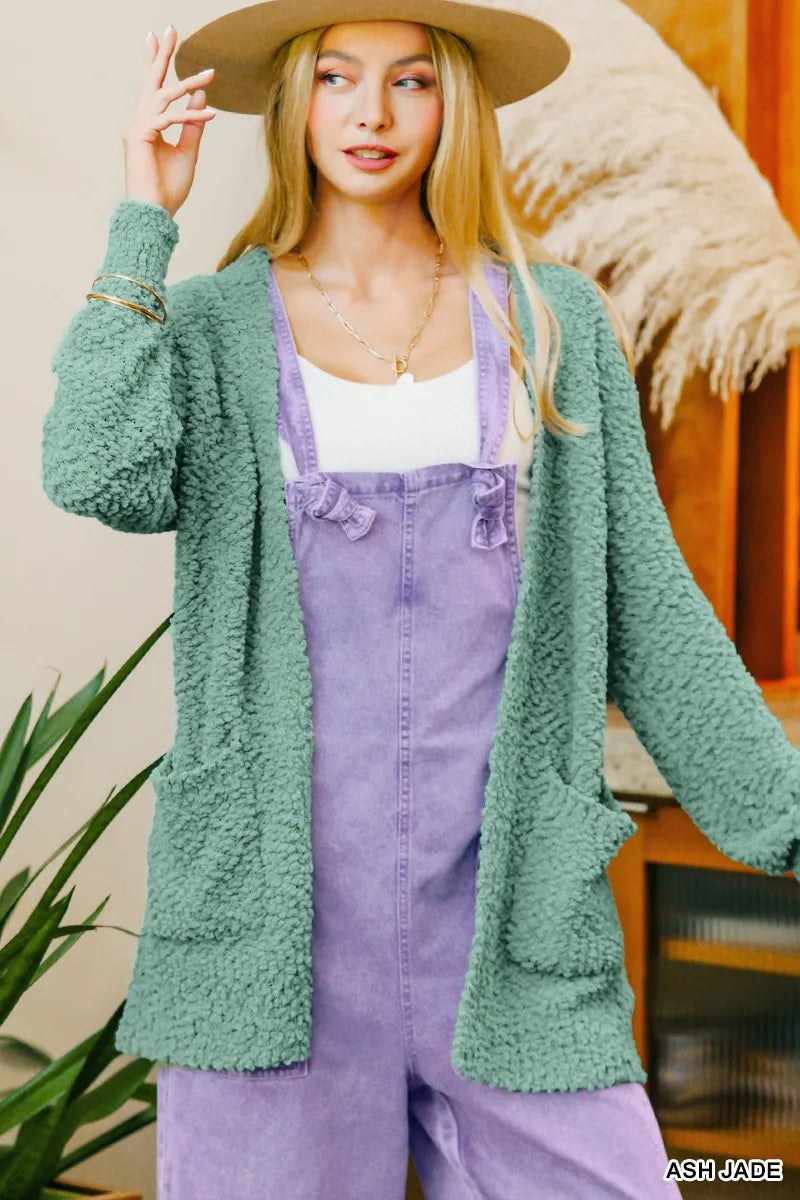 Zenana Ash Jade Long Sleeve Popcorn Sweater Cardigan with Pockets ASH JADE