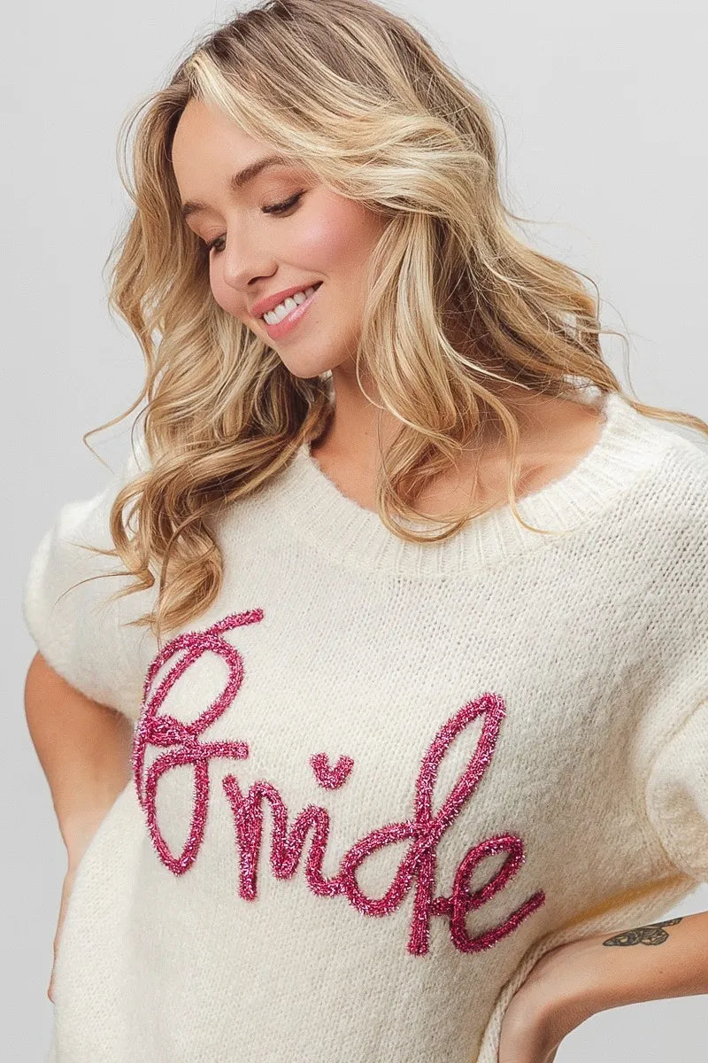 BiBi Ivory Bride Metallic Letter Short Puff Sleeve Hairy Sweater