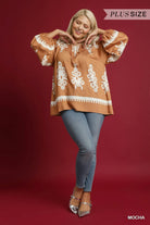 Umgee Mocha Two Tone Boho Border Print Top with Balloon Sleeves