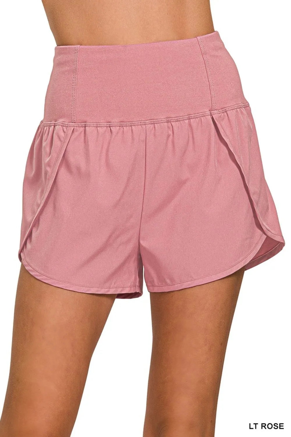 Zenana Light Rose High Waisted Zippered Back Pocket Running Shorts LT ROSE