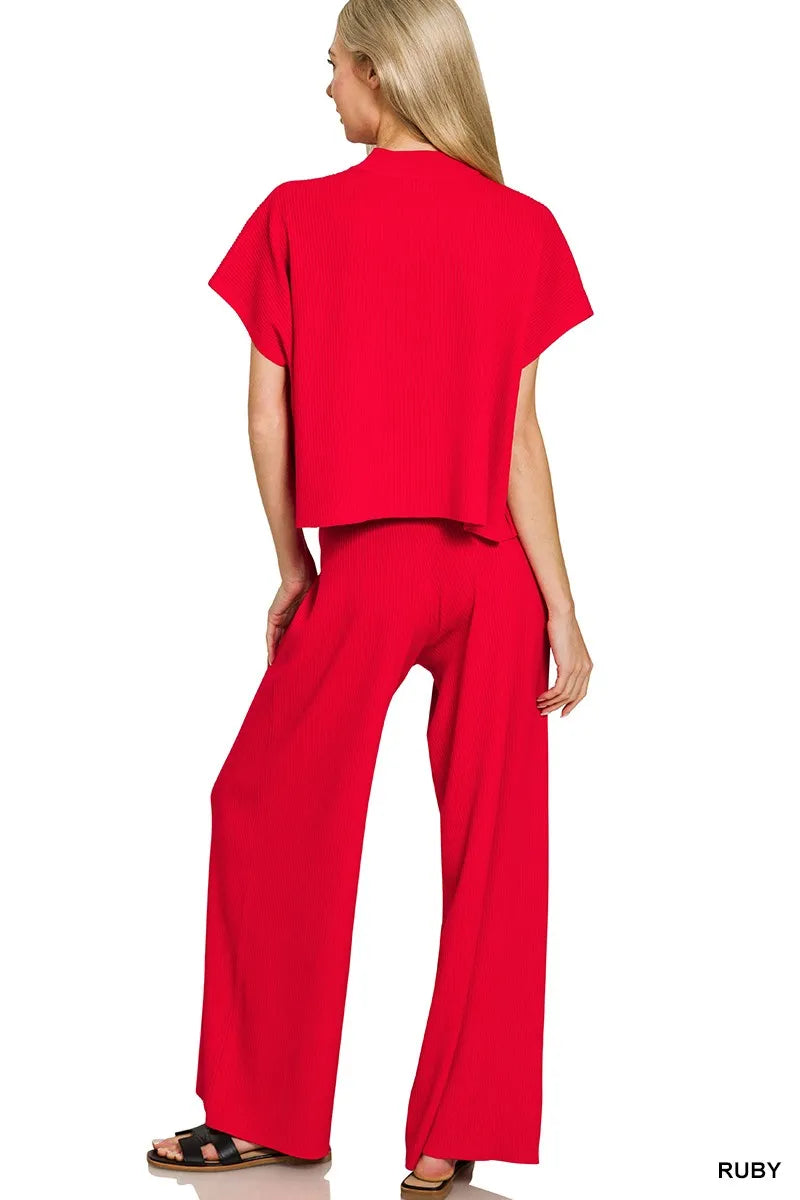 Zenana Ruby Viscose Sweater Short Sleeve Top and Pants Set