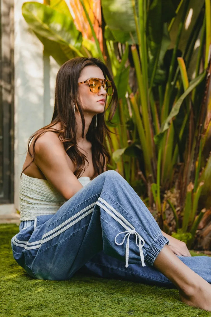 BiBi Striped Tape Details With Bow Tied Point Elastic Waist Jeans