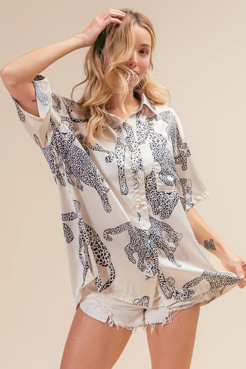 BiBi Oatmeal Leopard Print Short Sleeve Silky Satin Shirt Top